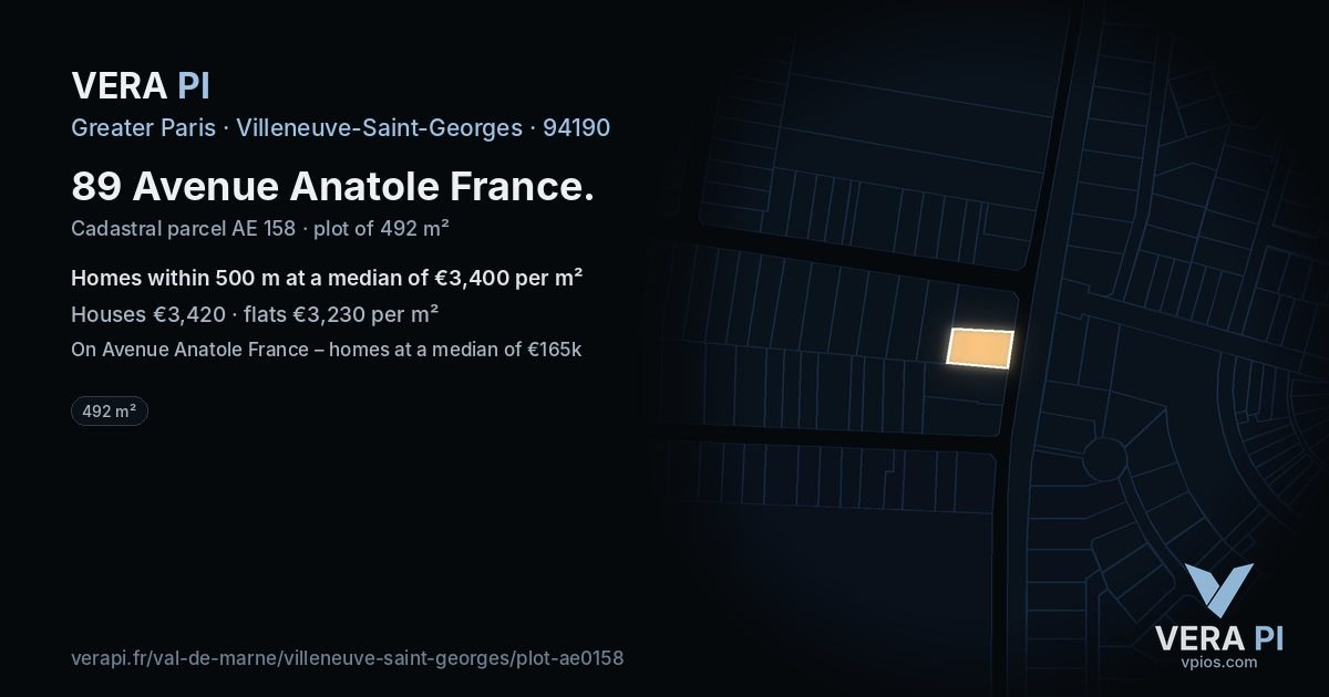 89 Avenue Anatole France, Villeneuve-Saint-Georges at night – the plot lit, the parcels around coloured by the prices near them
