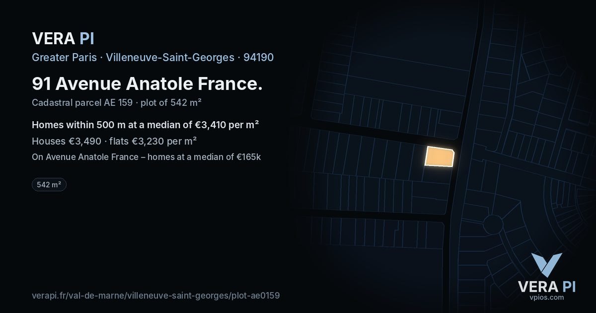 91 Avenue Anatole France, Villeneuve-Saint-Georges at night – the plot lit, the parcels around coloured by the prices near them