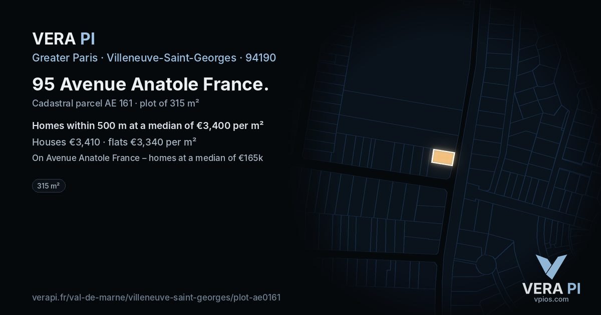 95 Avenue Anatole France, Villeneuve-Saint-Georges at night – the plot lit, the parcels around coloured by the prices near them