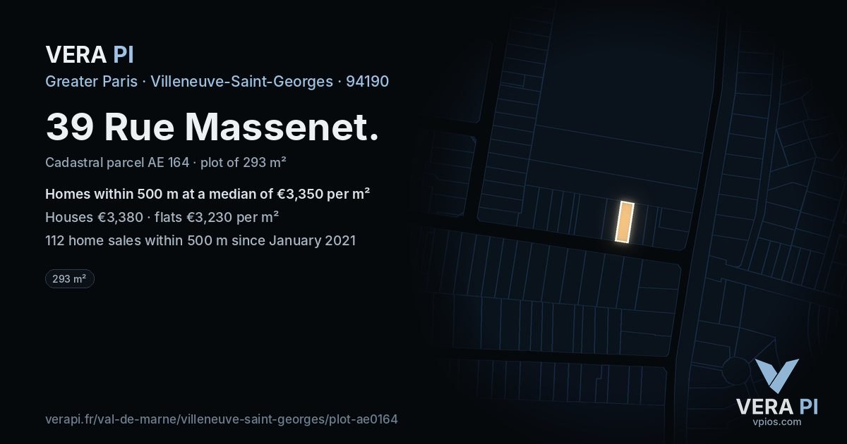 39 Rue Massenet, Villeneuve-Saint-Georges at night – the plot lit, the parcels around coloured by the prices near them