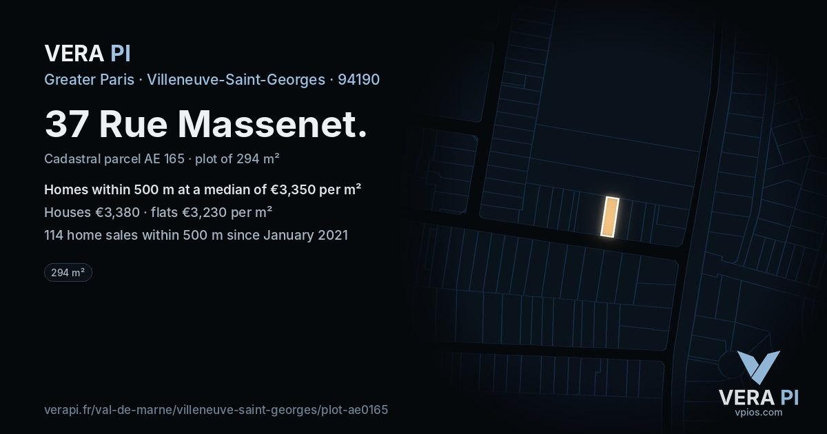 37 Rue Massenet, Villeneuve-Saint-Georges at night – the plot lit, the parcels around coloured by the prices near them