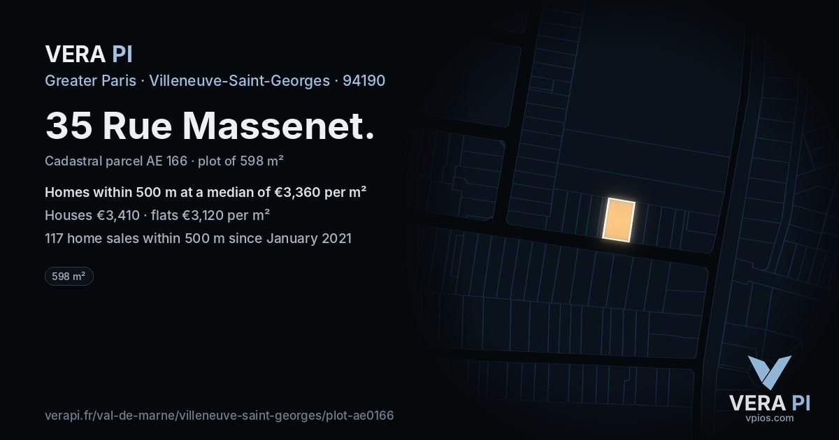 35 Rue Massenet, Villeneuve-Saint-Georges at night – the plot lit, the parcels around coloured by the prices near them