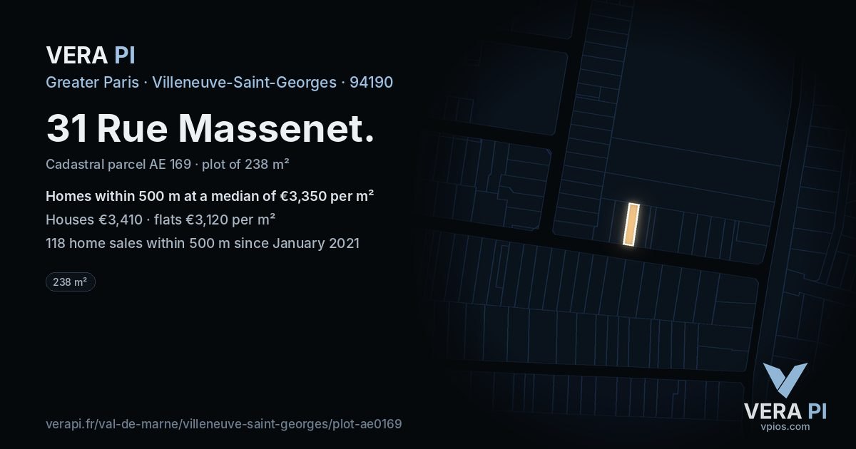 31 Rue Massenet, Villeneuve-Saint-Georges at night – the plot lit, the parcels around coloured by the prices near them