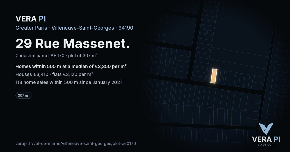 29 Rue Massenet, Villeneuve-Saint-Georges at night – the plot lit, the parcels around coloured by the prices near them