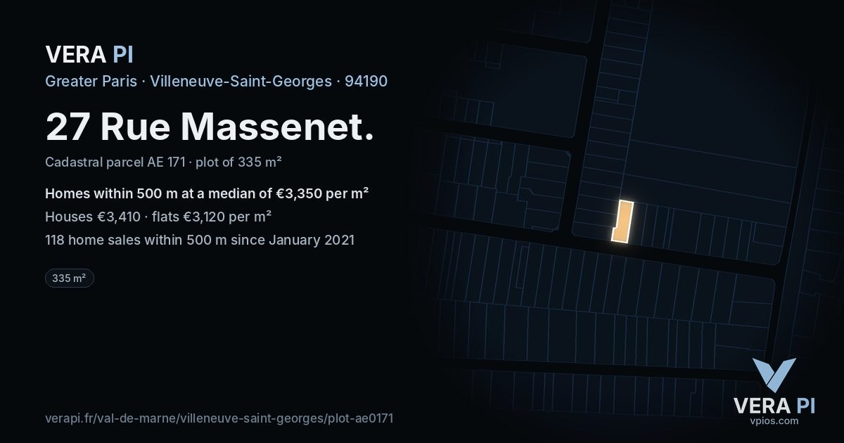 27 Rue Massenet, Villeneuve-Saint-Georges at night – the plot lit, the parcels around coloured by the prices near them
