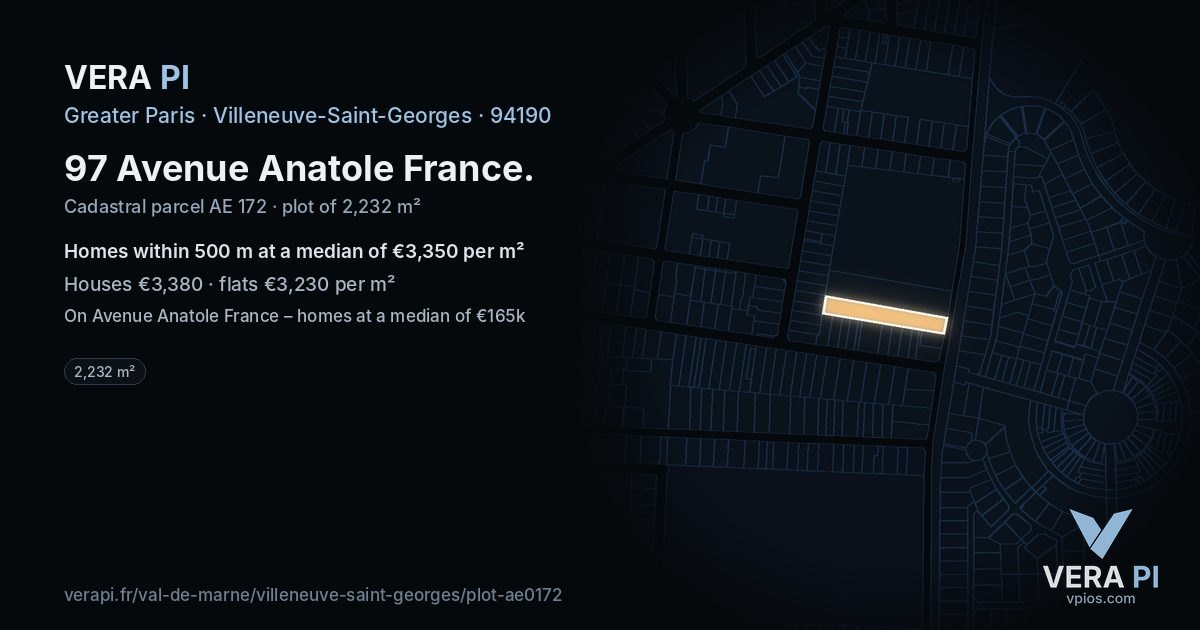 97 Avenue Anatole France, Villeneuve-Saint-Georges at night – the plot lit, the parcels around coloured by the prices near them