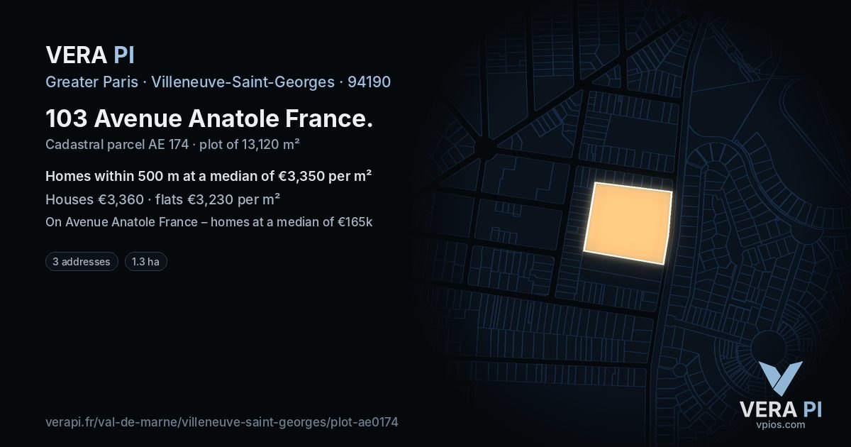 103 Avenue Anatole France, Villeneuve-Saint-Georges at night – the plot lit, the parcels around coloured by the prices near them