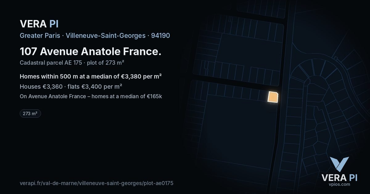 107 Avenue Anatole France, Villeneuve-Saint-Georges at night – the plot lit, the parcels around coloured by the prices near them