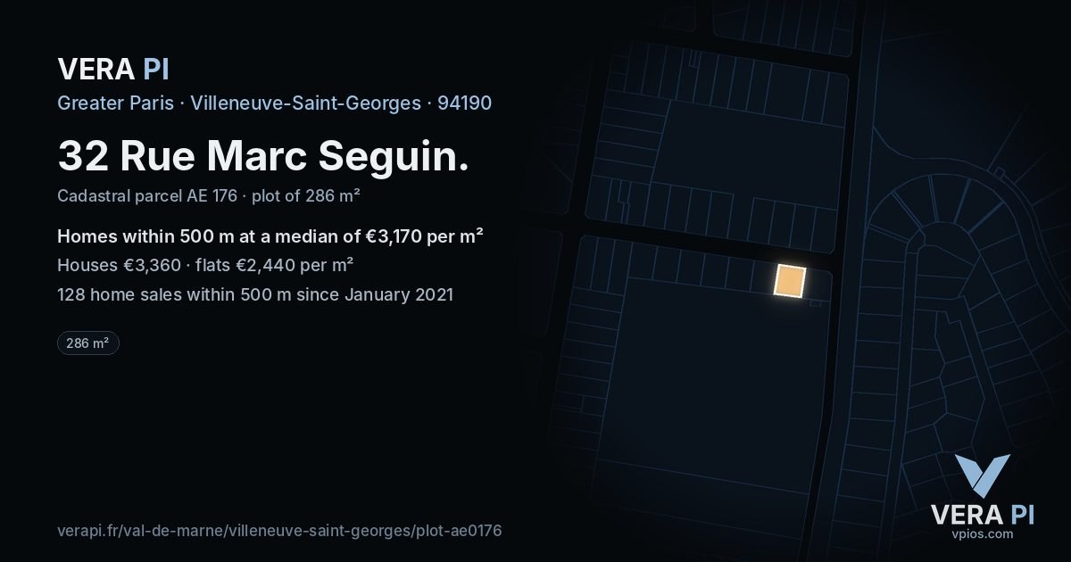 32 Rue Marc Seguin, Villeneuve-Saint-Georges at night – the plot lit, the parcels around coloured by the prices near them