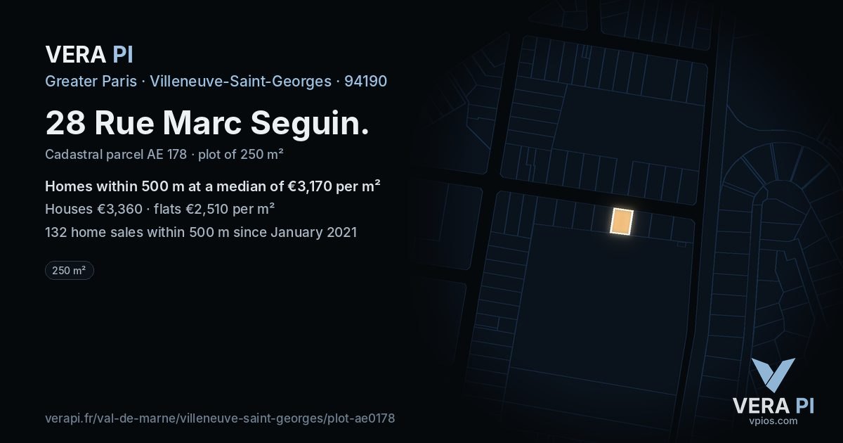 28 Rue Marc Seguin, Villeneuve-Saint-Georges at night – the plot lit, the parcels around coloured by the prices near them