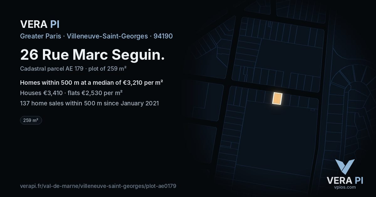 26 Rue Marc Seguin, Villeneuve-Saint-Georges at night – the plot lit, the parcels around coloured by the prices near them