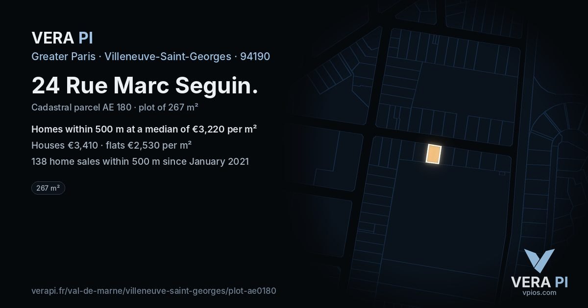 24 Rue Marc Seguin, Villeneuve-Saint-Georges at night – the plot lit, the parcels around coloured by the prices near them