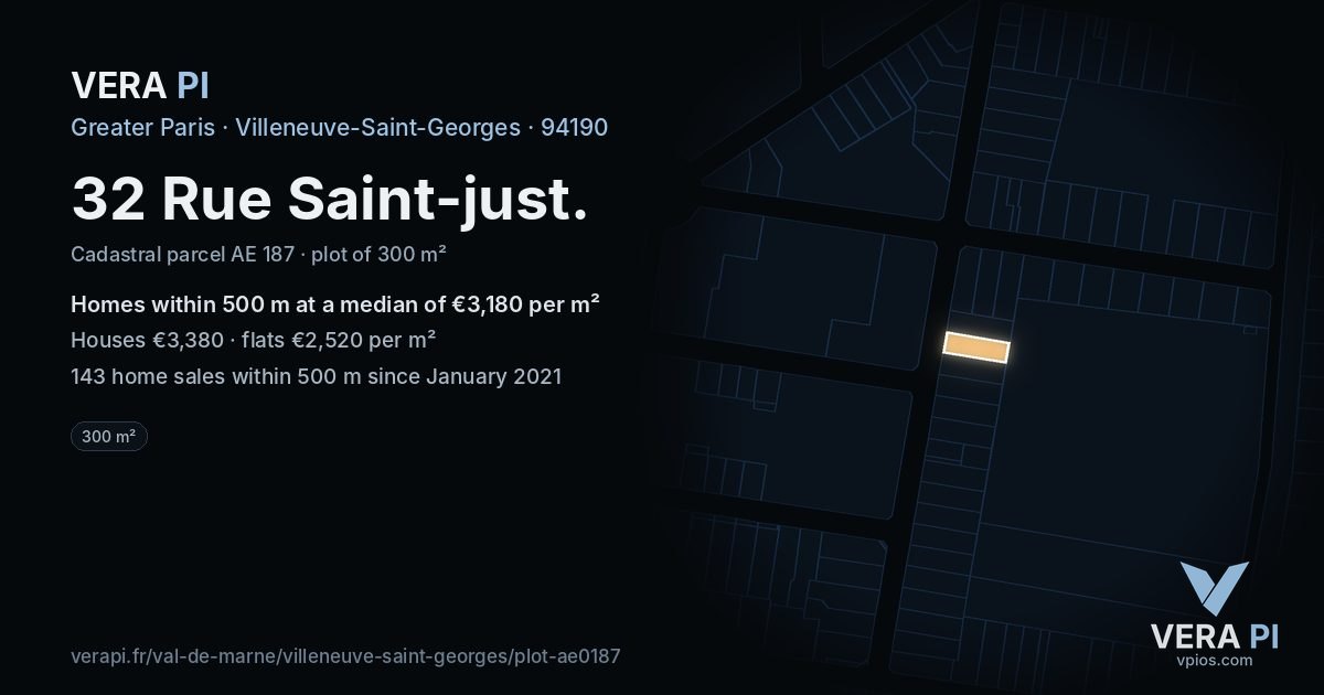 32 Rue Saint-just, Villeneuve-Saint-Georges at night – the plot lit, the parcels around coloured by the prices near them