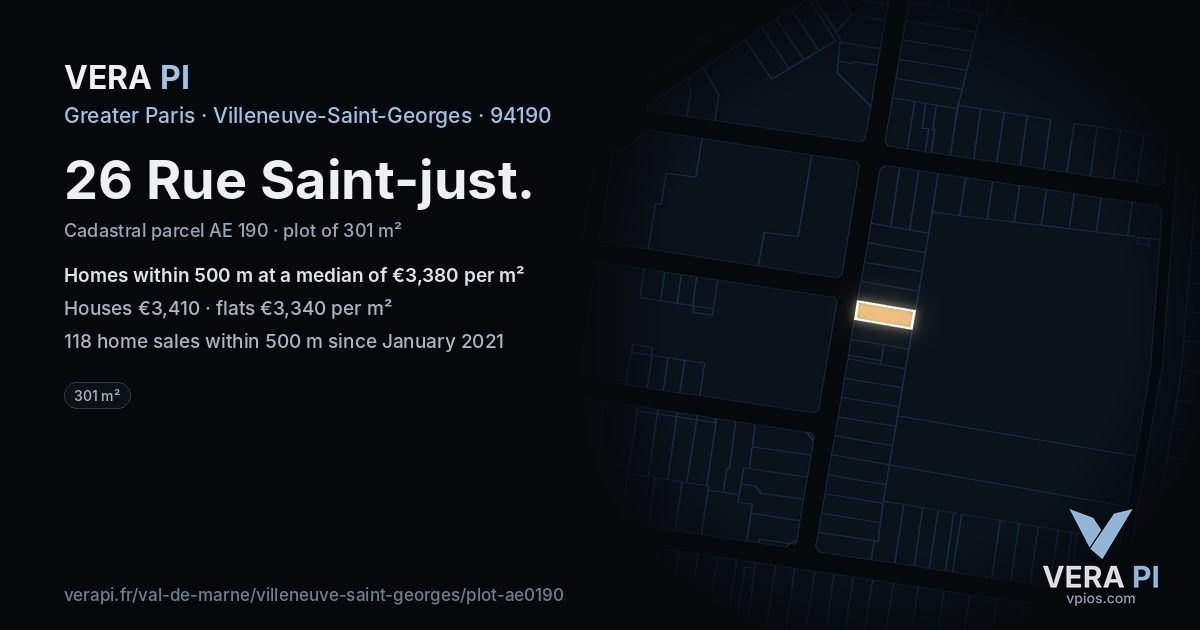 26 Rue Saint-just, Villeneuve-Saint-Georges at night – the plot lit, the parcels around coloured by the prices near them