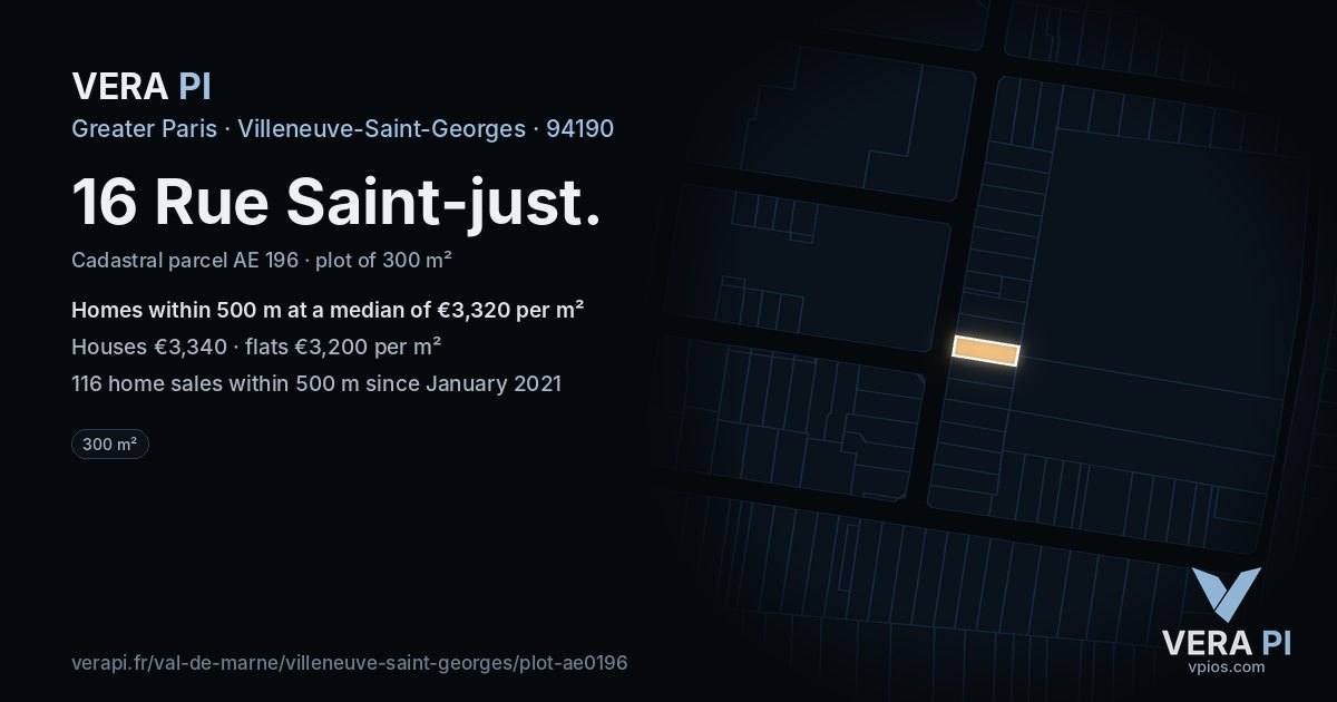 16 Rue Saint-just, Villeneuve-Saint-Georges at night – the plot lit, the parcels around coloured by the prices near them