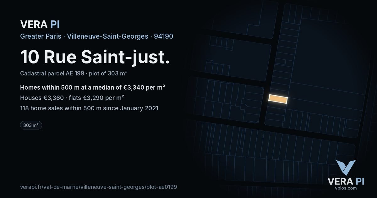 10 Rue Saint-just, Villeneuve-Saint-Georges at night – the plot lit, the parcels around coloured by the prices near them