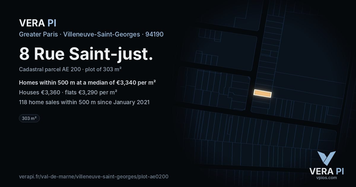 8 Rue Saint-just, Villeneuve-Saint-Georges at night – the plot lit, the parcels around coloured by the prices near them