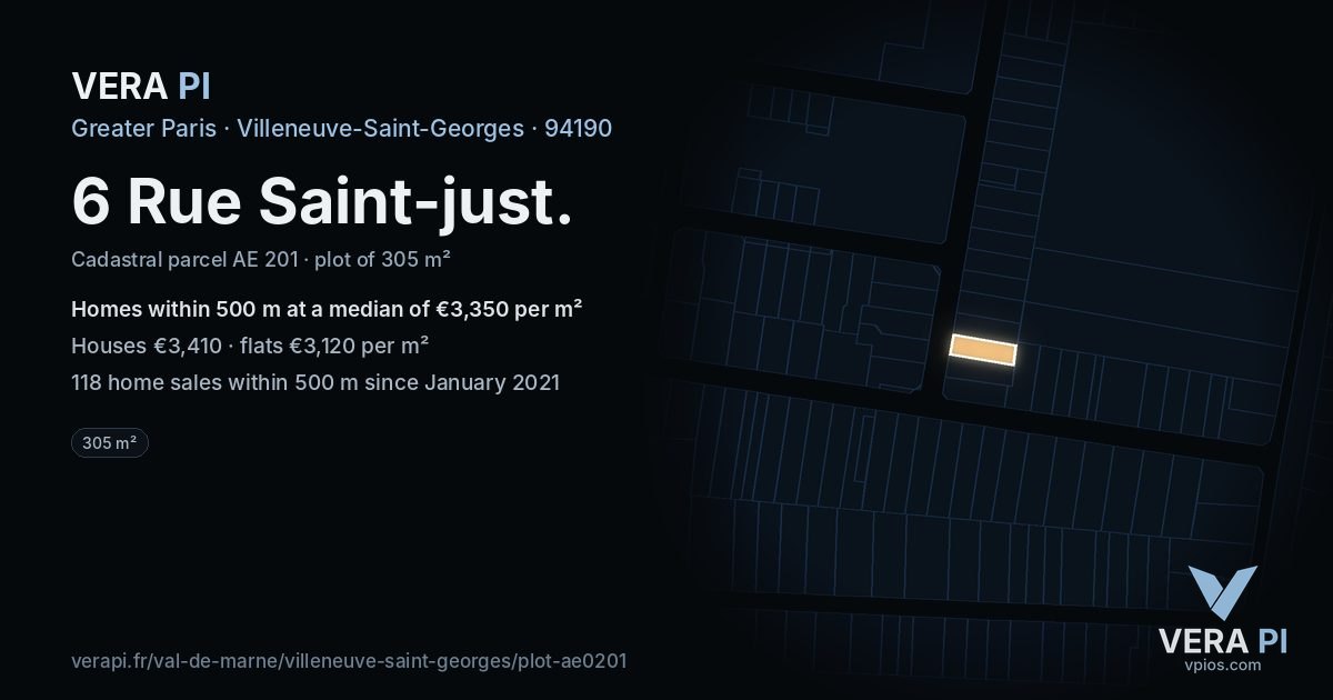 6 Rue Saint-just, Villeneuve-Saint-Georges at night – the plot lit, the parcels around coloured by the prices near them