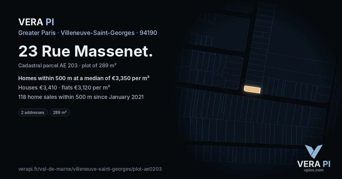 23 Rue Massenet, Villeneuve-Saint-Georges at night – the plot lit, the parcels around coloured by the prices near them