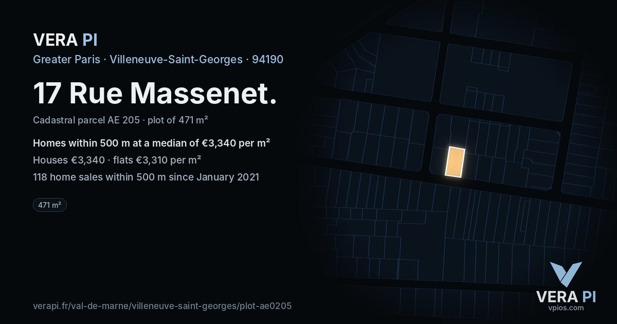 17 Rue Massenet, Villeneuve-Saint-Georges at night – the plot lit, the parcels around coloured by the prices near them