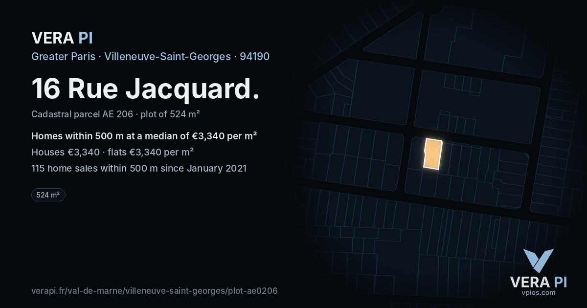 16 Rue Jacquard, Villeneuve-Saint-Georges at night – the plot lit, the parcels around coloured by the prices near them