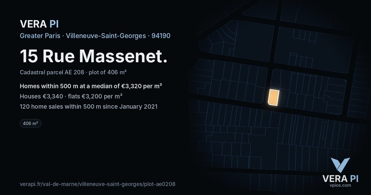 15 Rue Massenet, Villeneuve-Saint-Georges at night – the plot lit, the parcels around coloured by the prices near them
