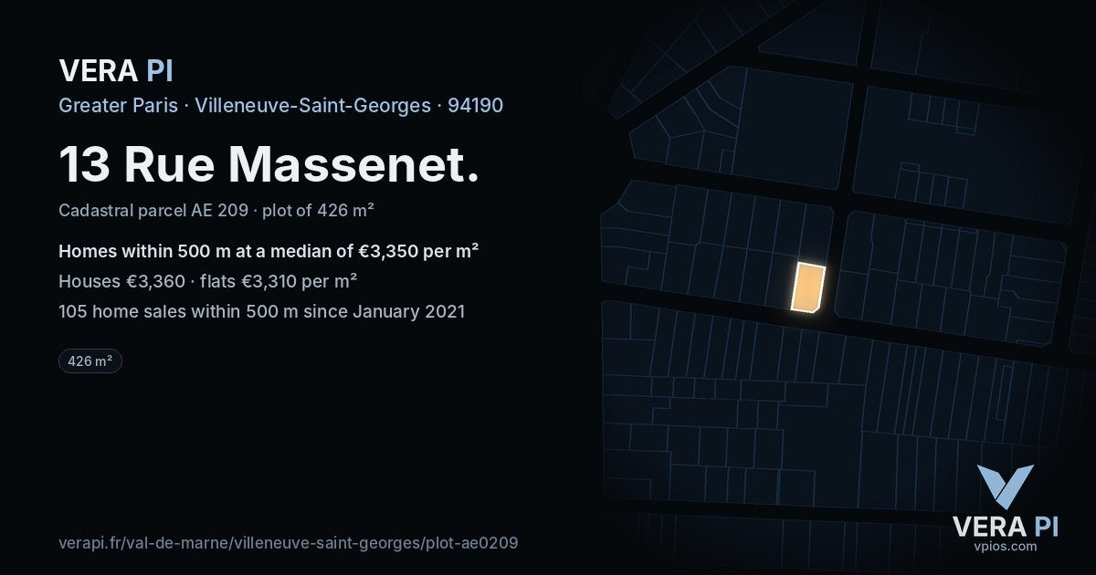 13 Rue Massenet, Villeneuve-Saint-Georges at night – the plot lit, the parcels around coloured by the prices near them