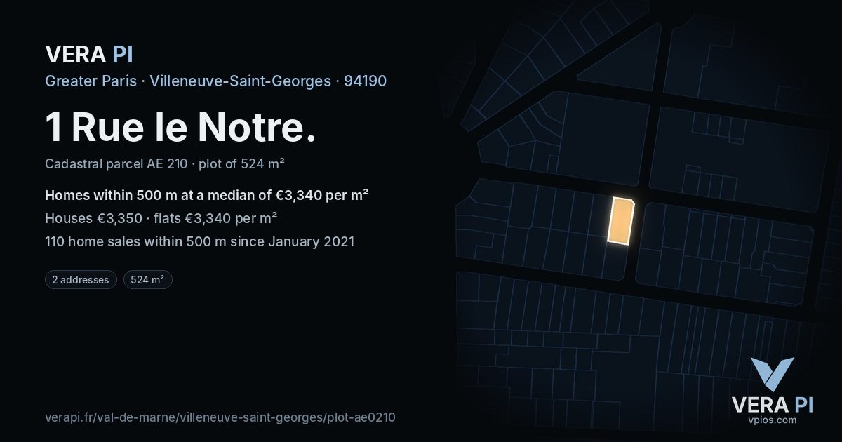 1 Rue le Notre, Villeneuve-Saint-Georges at night – the plot lit, the parcels around coloured by the prices near them