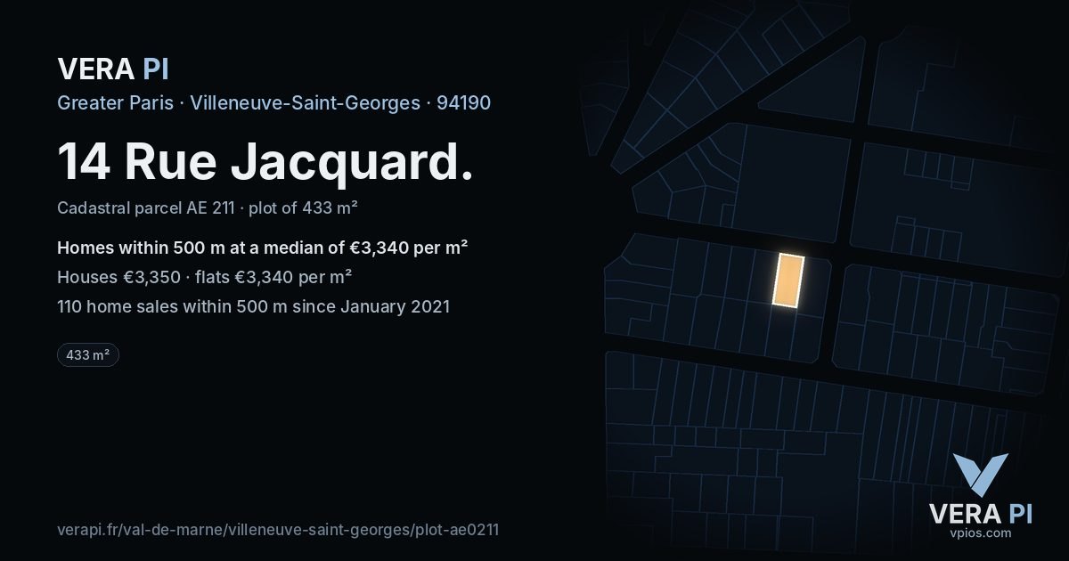14 Rue Jacquard, Villeneuve-Saint-Georges at night – the plot lit, the parcels around coloured by the prices near them