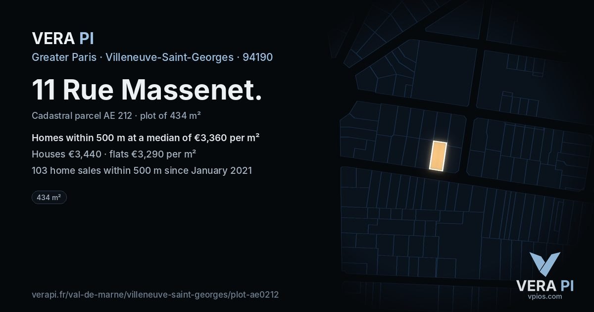 11 Rue Massenet, Villeneuve-Saint-Georges at night – the plot lit, the parcels around coloured by the prices near them