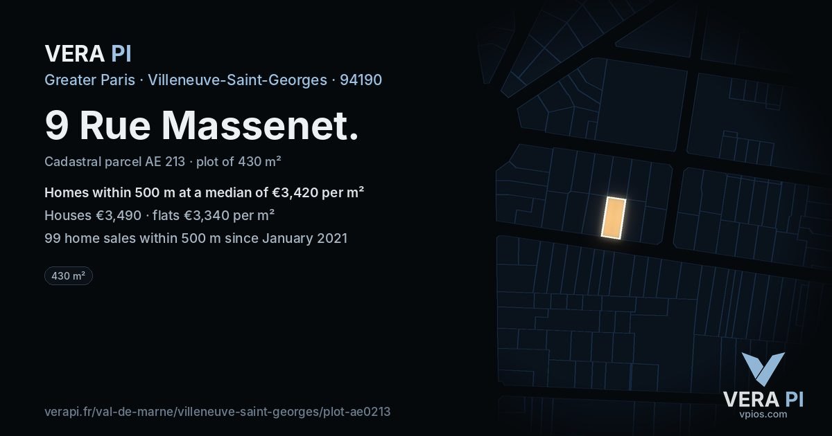 9 Rue Massenet, Villeneuve-Saint-Georges at night – the plot lit, the parcels around coloured by the prices near them