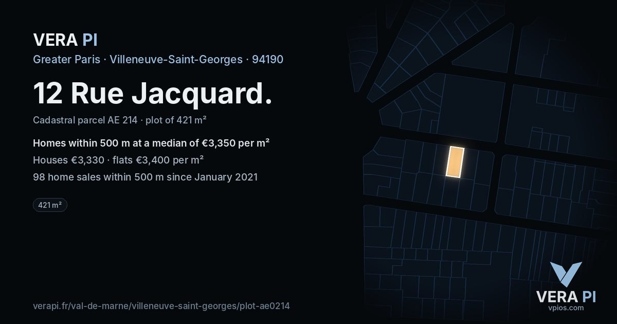 12 Rue Jacquard, Villeneuve-Saint-Georges at night – the plot lit, the parcels around coloured by the prices near them