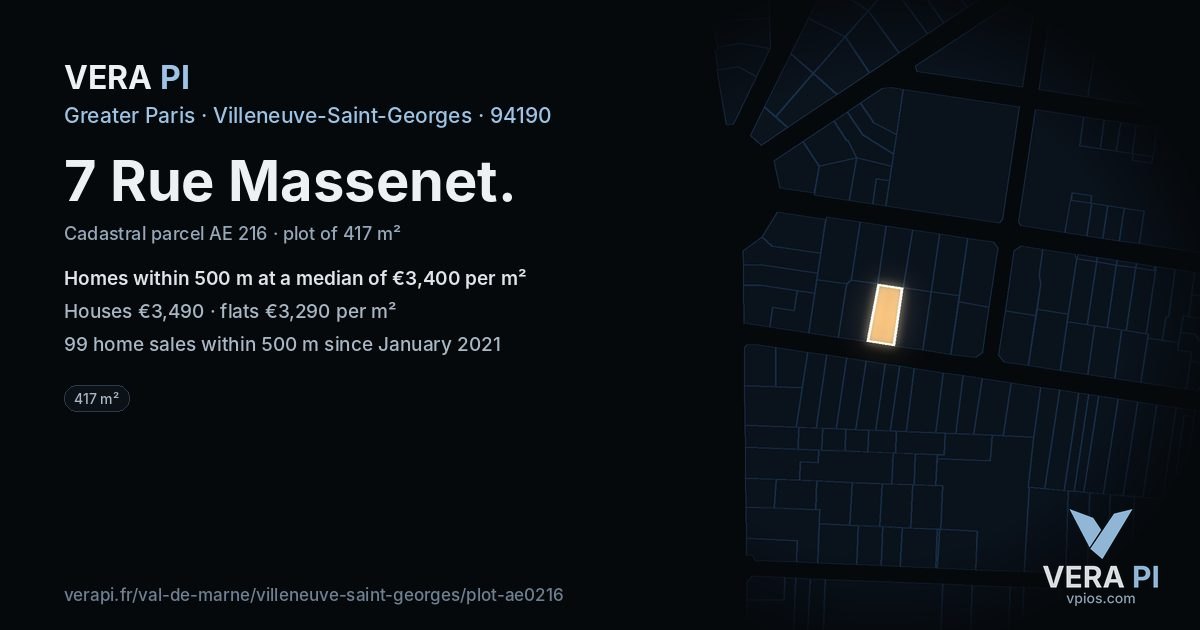 7 Rue Massenet, Villeneuve-Saint-Georges at night – the plot lit, the parcels around coloured by the prices near them