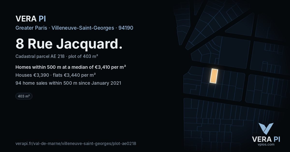 8 Rue Jacquard, Villeneuve-Saint-Georges at night – the plot lit, the parcels around coloured by the prices near them