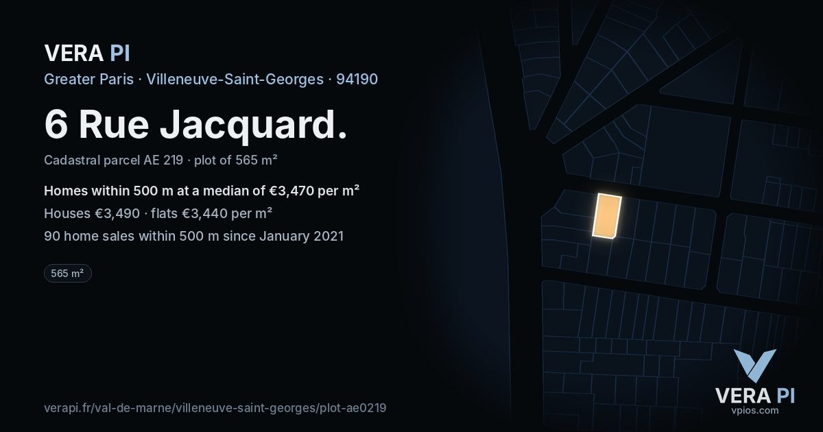 6 Rue Jacquard, Villeneuve-Saint-Georges at night – the plot lit, the parcels around coloured by the prices near them