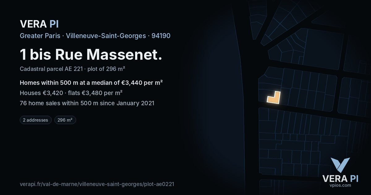 1 bis Rue Massenet, Villeneuve-Saint-Georges at night – the plot lit, the parcels around coloured by the prices near them