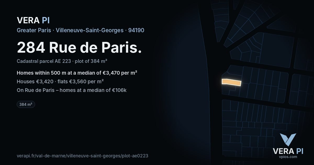 284 Rue de Paris, Villeneuve-Saint-Georges at night – the plot lit, the parcels around coloured by the prices near them