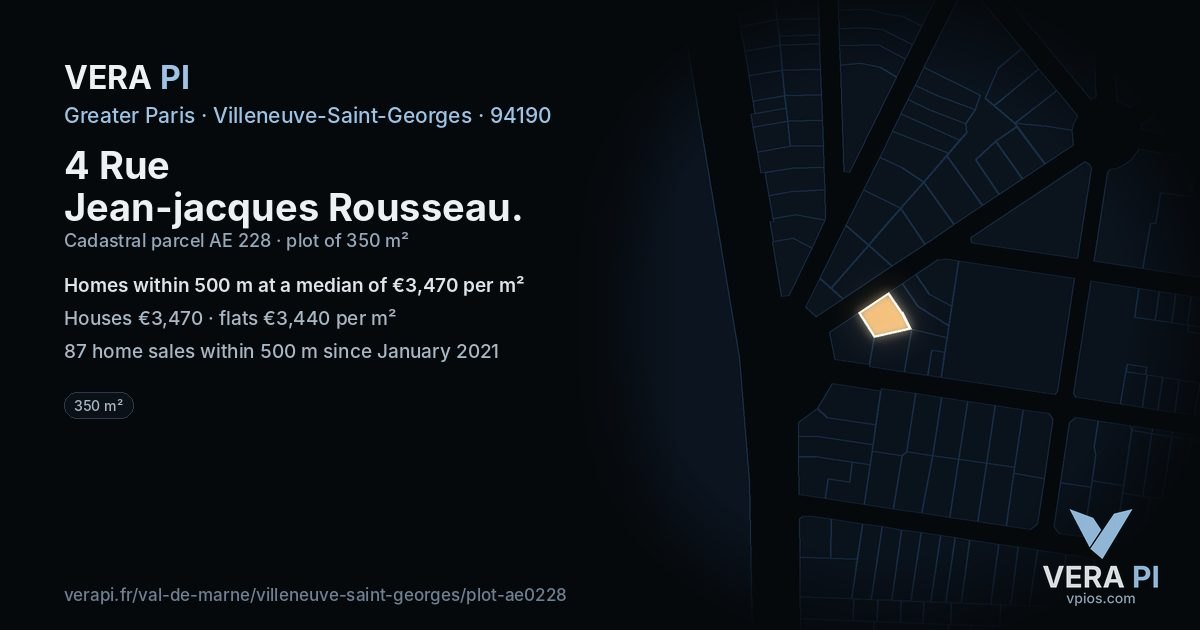 4 Rue Jean-jacques Rousseau, Villeneuve-Saint-Georges at night – the plot lit, the parcels around coloured by the prices near them