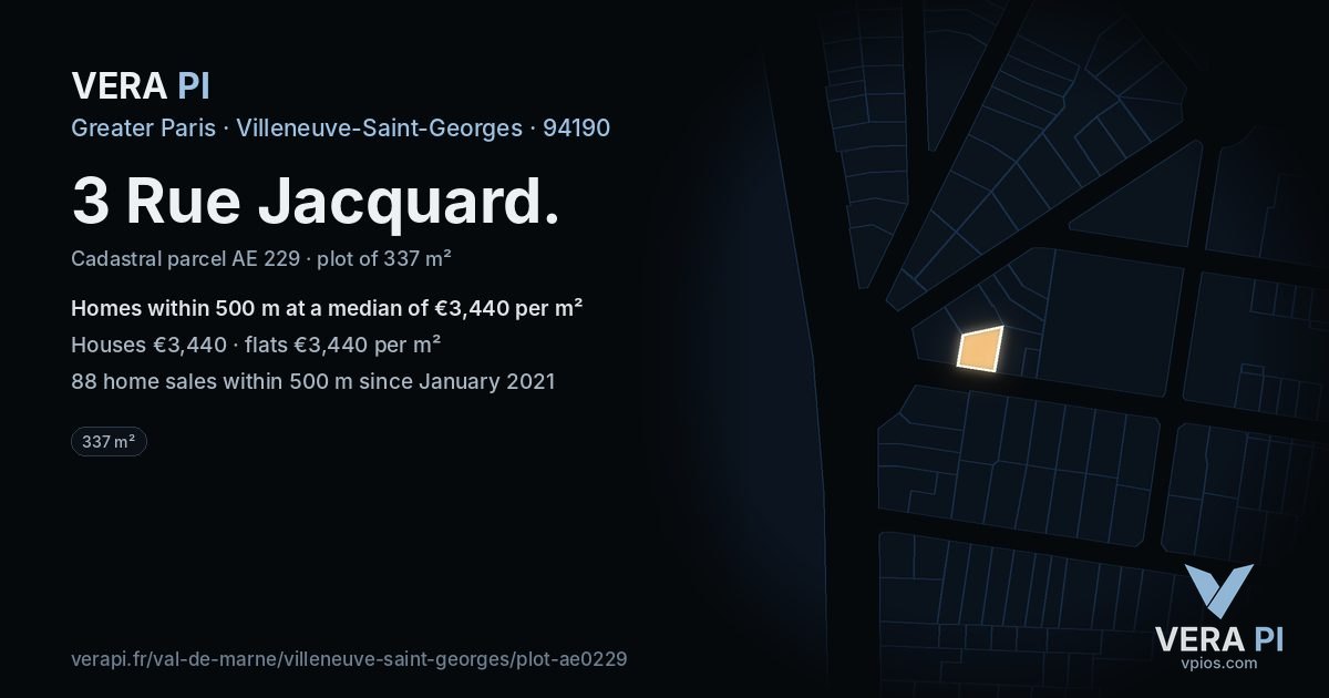 3 Rue Jacquard, Villeneuve-Saint-Georges at night – the plot lit, the parcels around coloured by the prices near them