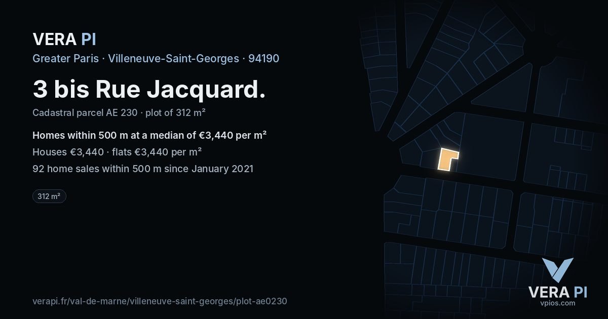 3 bis Rue Jacquard, Villeneuve-Saint-Georges at night – the plot lit, the parcels around coloured by the prices near them