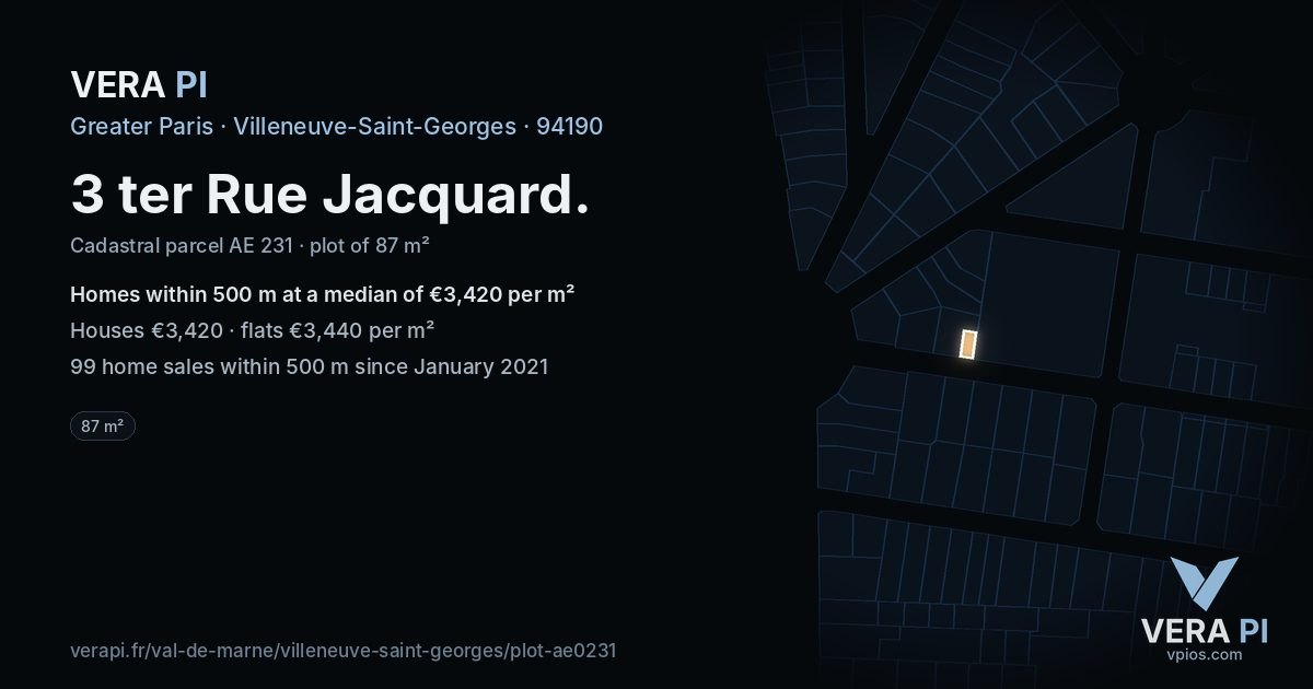 3 ter Rue Jacquard, Villeneuve-Saint-Georges at night – the plot lit, the parcels around coloured by the prices near them