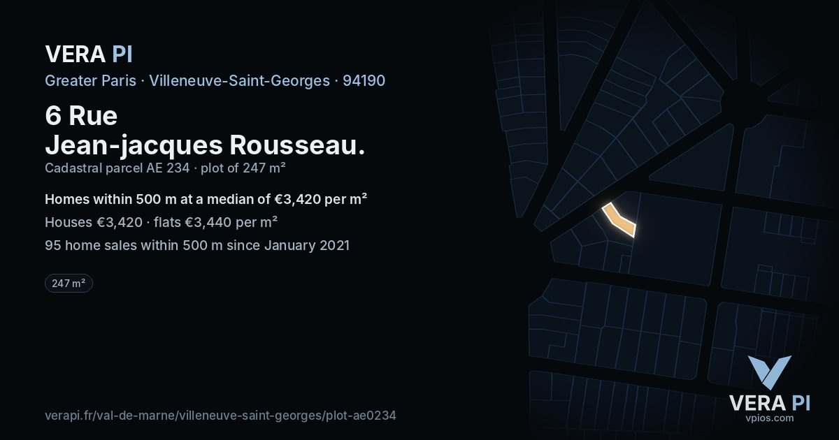 6 Rue Jean-jacques Rousseau, Villeneuve-Saint-Georges at night – the plot lit, the parcels around coloured by the prices near them