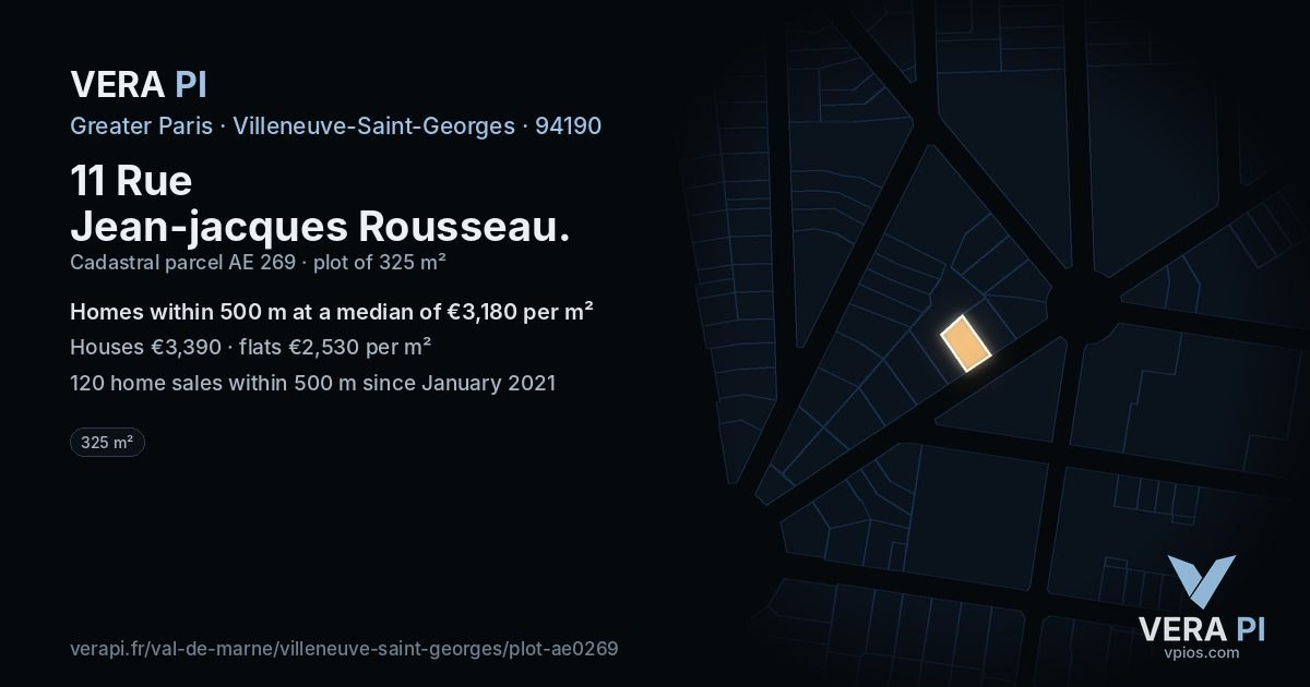 11 Rue Jean-jacques Rousseau, Villeneuve-Saint-Georges at night – the plot lit, the parcels around coloured by the prices near them