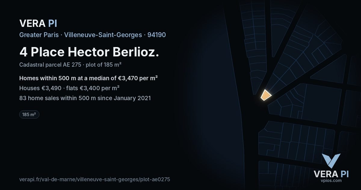 4 Place Hector Berlioz, Villeneuve-Saint-Georges at night – the plot lit, the parcels around coloured by the prices near them