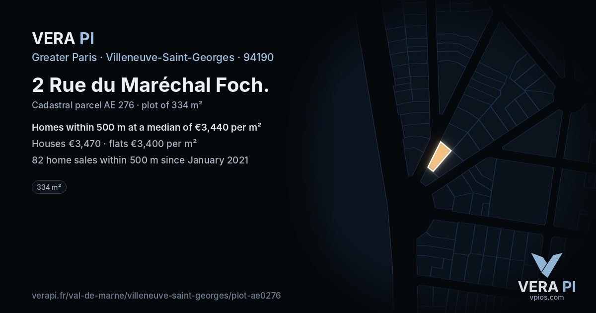 2 Rue du Maréchal Foch, Villeneuve-Saint-Georges at night – the plot lit, the parcels around coloured by the prices near them