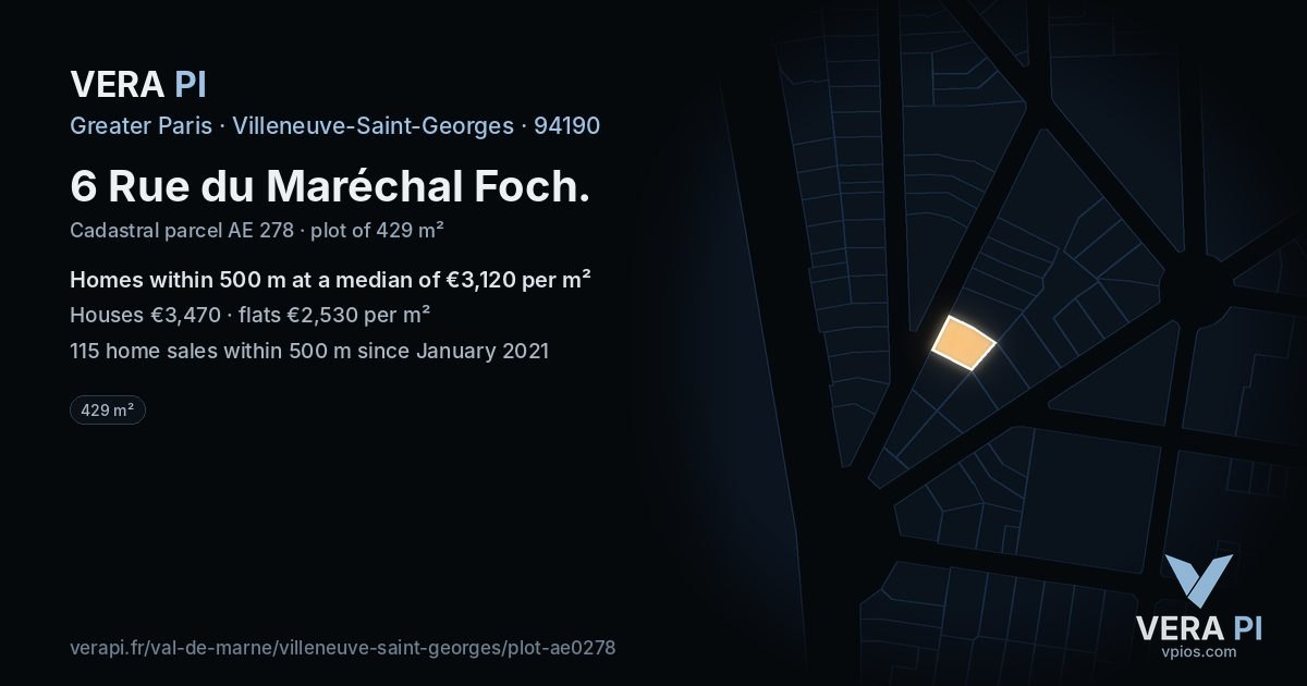 6 Rue du Maréchal Foch, Villeneuve-Saint-Georges at night – the plot lit, the parcels around coloured by the prices near them