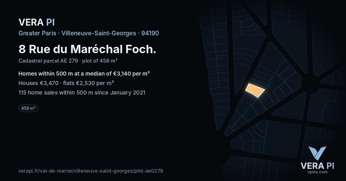 8 Rue du Maréchal Foch, Villeneuve-Saint-Georges at night – the plot lit, the parcels around coloured by the prices near them