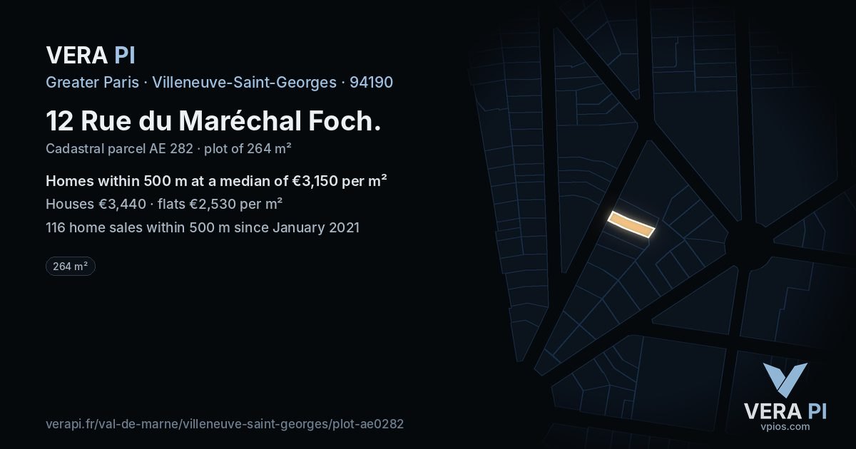 12 Rue du Maréchal Foch, Villeneuve-Saint-Georges at night – the plot lit, the parcels around coloured by the prices near them