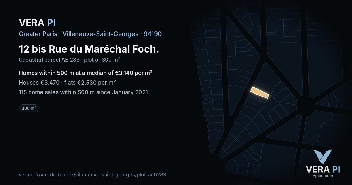 12 bis Rue du Maréchal Foch, Villeneuve-Saint-Georges at night – the plot lit, the parcels around coloured by the prices near them
