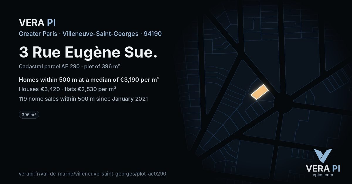 3 Rue Eugène Sue, Villeneuve-Saint-Georges at night – the plot lit, the parcels around coloured by the prices near them